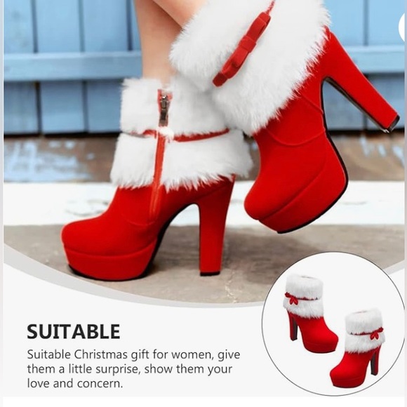 Red Women's Winter Fur Ankle Boots Fur Chunky High Heel Santa Booties 10.5 - Picture 4 of 14